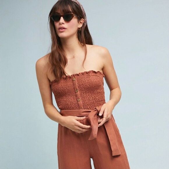 Faithful The Brand Lais Jumpsuit Plain Sangria Linen Smock Strapless Jumpsuit - Picture 3 of 13